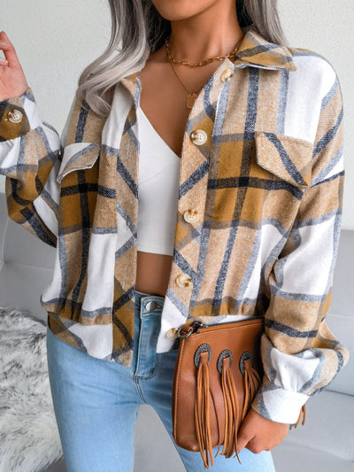 Plaid Collared Neck Long Sleeve Jacket