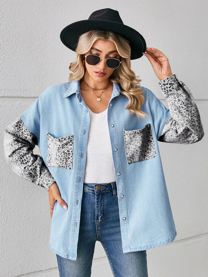 Leopard Button Up Denim Jacket