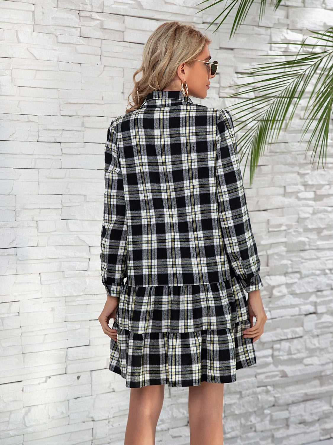 Ruffle Hem Plaid Button Down Long Sleeve Dress