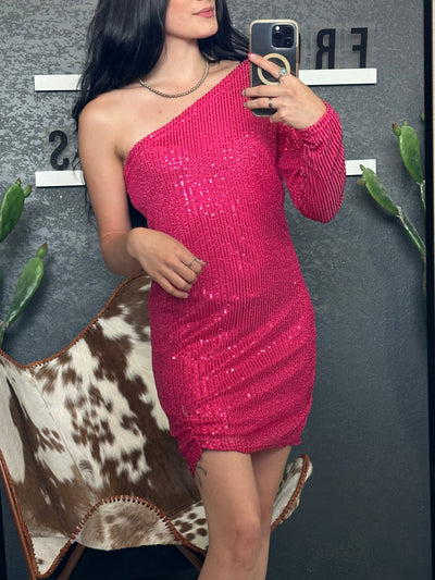 One Shoulder Sequined Pink Dress