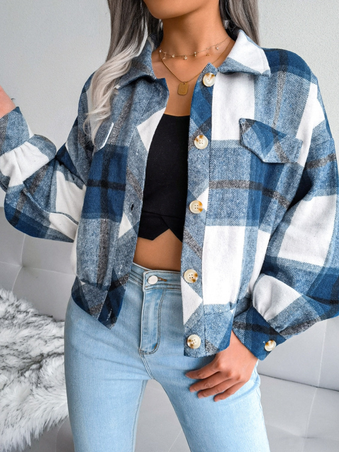 Plaid Collared Neck Long Sleeve Jacket