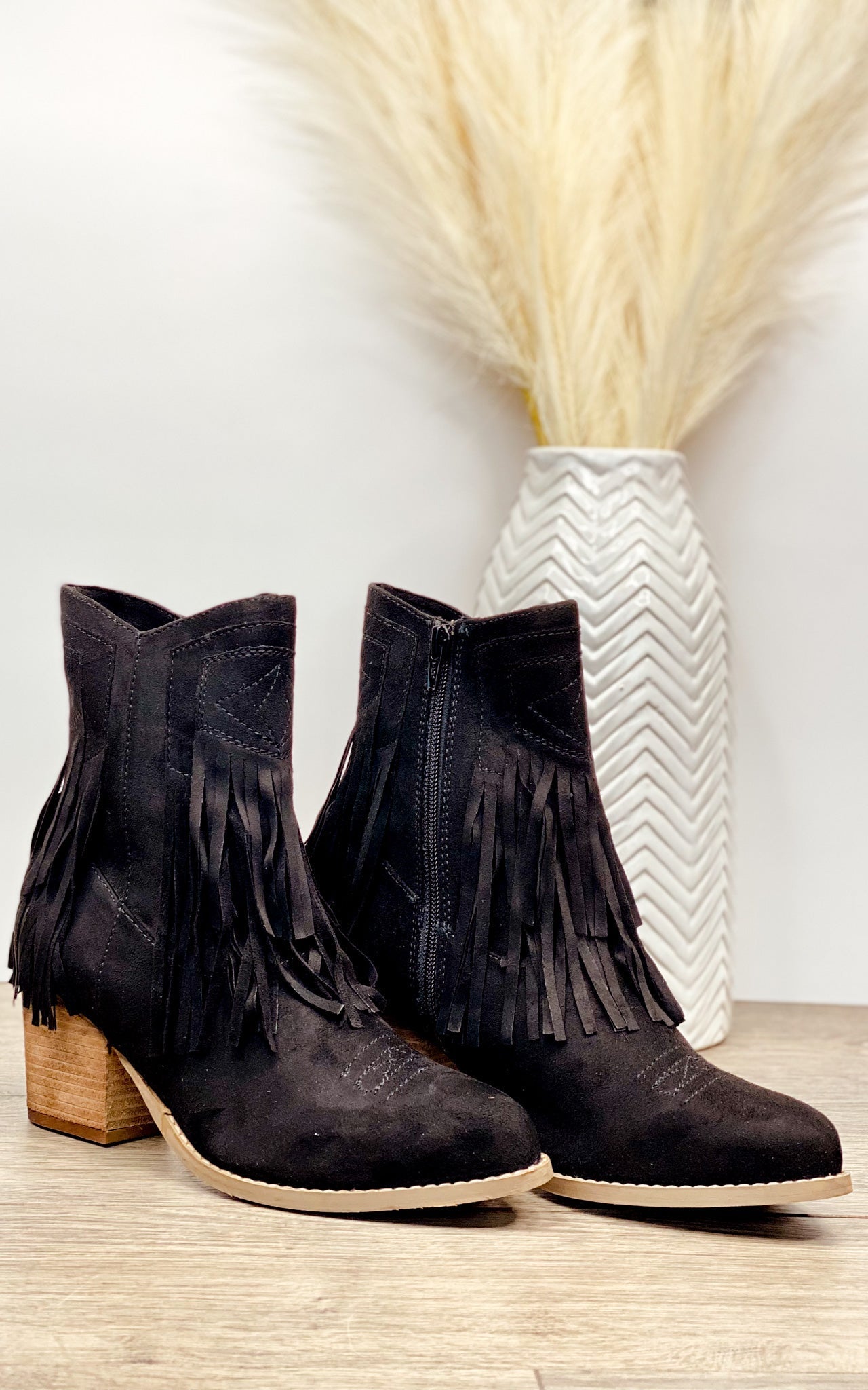 Sandra Fringe Booties in Black